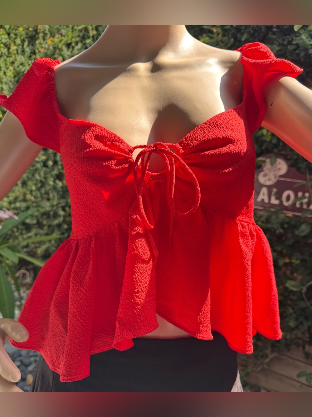 Urban Outfitters Red Tie-Front Peplum Crop Top with Puff Sleeves